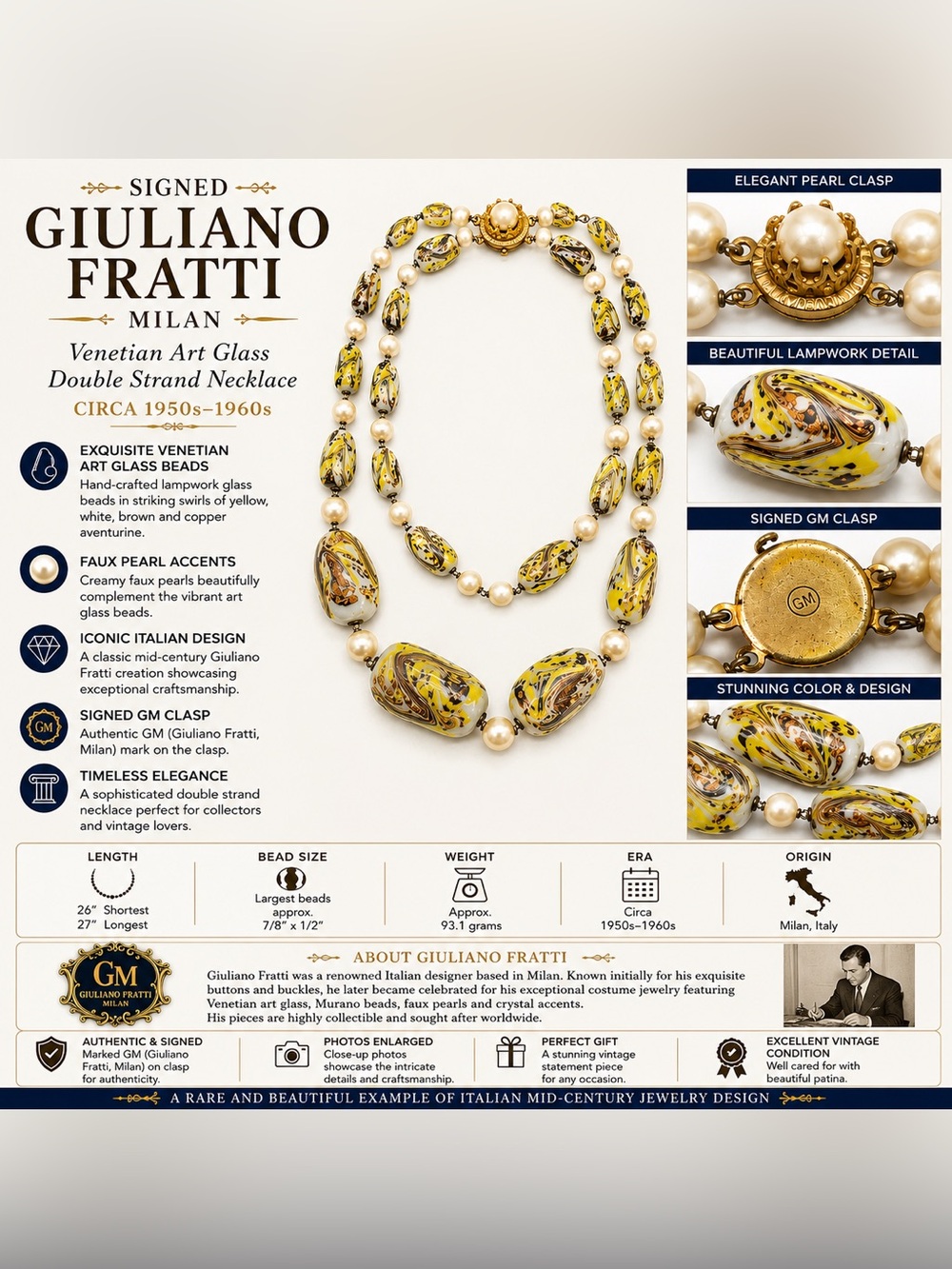 Yellow Venetian Glass and Faux Pearl Necklace